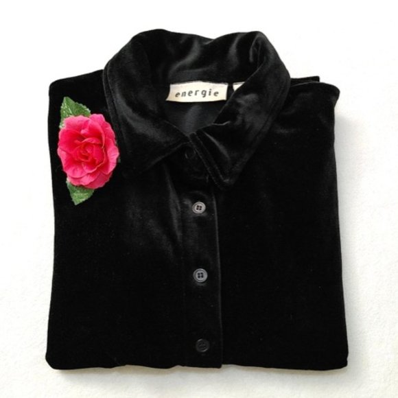 ENERGIE Black Velvet Shirt Stretchable Short Sleeves Button Front Collar Size M - Picture 4 of 13